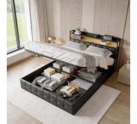 Cama baúl de 140 x 200 cm, cama con canapé de 140 x 200 cm, cama de matrimonio acolchada con LED y toma USB C, estructura de las camas con somier de láminas, PU, color negro (140 x 200 cm)
