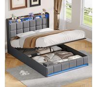 Cama baúl de 140 x 200 cm con LED y puerto USB/Tipo C, cama doble acolchada 140 x 200 con almacenamiento hidráulico y somier, cabecero tapizado con estantes abiertos, cama para adultos (Gris-3, 140 x