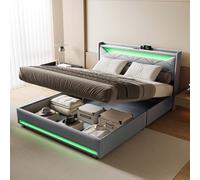 Cama baúl de 140 x 200 cm con LED y USB, cama doble acolchada de 140 x 200 cm con almacenamiento hidráulico, marco de cama tapizado capitoné con somier y cabecero para 2 personas para adultos (Gris-E