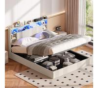 Cama baúl de 140 x 200 cm con somier LED y USB, cama doble acolchada de 140 x 200 cm con cabecero de almacenamiento, cama hidráulica con marco de cama tapizado para adultos y adolescentes (Beige-A