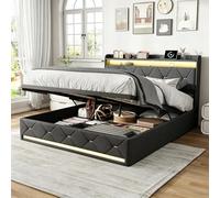 Cama baúl de 160 x 200 cm con LED y USB, cama doble acolchada con almacenamiento hidráulico y somier de láminas, cama de 160 x 200 con cabecero de almacenamiento, marco de cama capitoné (gris 5, 160 x