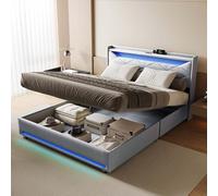 Cama baúl de 160 x 200 cm con LED y USB, cama doble acolchada de 160x200 con almacenamiento hidráulico, marco de cama capitoné con somier y cabecero para 2 personas para adultos (Gris-E, 160x200)