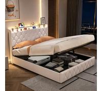 Cama baúl de 160 x 200 cm con somier LED y USB, cama doble acolchada de 160 x 200 cm con almacenamiento hidráulico, marco de cama capitoné de 2 plazas con cabecero y estantes abiertos (Beige-C