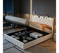 Cama baúl de 160 x 200 cm con somier LED y USB, cama doble acolchada de 160 x 200 cm con almacenamiento hidráulico, marco de cama capitoné de 2 plazas con cabecero y estantes abiertos (Beige-F, 160 x
