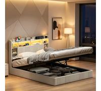 Cama baúl de 160 x 200 cm con somier LED y USB, cama doble acolchada de 160 x 200 cm con cabecero de almacenamiento, cama hidráulica con marco de cama capitoné para adultos y adolescentes (Beige-A
