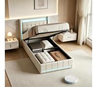 Cama baúl de 90 x 200 cm con LED y USB/Tipo C, cama doble acolchada 90 x 200 con almacenamiento hidráulico, marco de cama capitoné para 2 personas con somier de láminas, camas para adultos (Beige-9