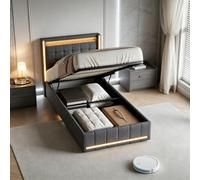 Cama baúl de 90 x 200 cm con LED y USB/Tipo C, cama doble acolchada 90x200 con almacenamiento hidráulico, marco de cama capitoné para 2 personas con somier de láminas, camas para adultos (Gris-9