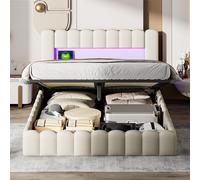 Cama Baúl Doble 160x200 con Somier, Camas Acolchadas 160x200 cm, Cama Hidráulica con Almacenamiento LED y USB, Cama Capitoné Marco de Cama de Listones Para Adolescentes y Adultos (Beige-G, 160x200)