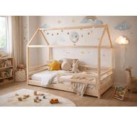 Cama cabaña de madera de pino natural para niños, 90 x 190 cm, estilo Montessori con barreras de seguridad, diseño de casa tienda