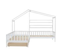 Cama cabina 90x200cm + 140x70cm de madera maciza - con cajones y estantes + somier - blanco