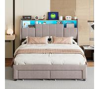 Cama cajón, cama doble de 160 x 200 cm con almacenamiento, marco de cama con LED y puerto de carga USB, 2 cajones de hierro, cama acolchada de lino suave, sin colchón (D gris, 160 x 200 cm)