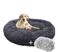 Cama calmante con forma de dona para perros grandes, cálida cama de felpa autocalentable para mascotas, extra grande, lavable (gris oscuro, XL)