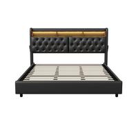 Cama canapé 140x190cm, cama de matrimonio con somier de láminas, cabecero en forma de oreja, cama tapizada en terciopelo, beige