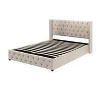 Cama canapé 140x200cm, cama de matrimonio con somier de láminas, cabecero en forma de oreja, cama tapizada en terciopelo, beige
