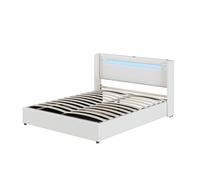 Cama canapé 160x200cm - cama de matrimonio con somier de láminas, cabecero led con bluetooth y puerto usb - en polipiel blanca