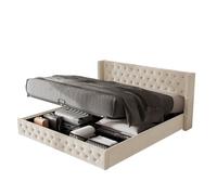 Cama canapé 180x200cm, cama de matrimonio con somier de láminas, cabecero en forma de oreja, cama tapizada en terciopelo, beige