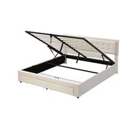 Cama canapé 180x200cm, cama de matrimonio tapizada con somier de láminas y cabecero regulable con 2 cajones, tejido terciopelo, color beige