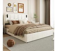 Cama Canapé Abatible 160x200 cm de Terciopelo Beige, Cama Tapizada de con Almacenaje Hidráulico, Cabecero con Luces LED de Lectura Regulables, Estructura de Madera y Somier de Láminas, Sin Colchón