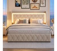 Cama Capitonada de 140 × 200 Con LED y USB - Doble Con Almacenamiento y Baúl, Somier de Tabla Acolchado para Adultos (Beige, Style E, 140 × 200 cm)
