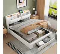 Cama Capitoné 140x200 con Almacenamiento, Cama Baúl con Led y Puertos de Carga USB, Cama Doble Acolchada, Tela de Terciopelo, Marco de Cama con Somier de Láminas, sin Colchón (Beige A, 140 x 200 cm)