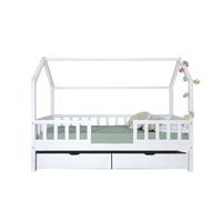 Cama casita con barandilla + 2 cajones madera blanco 90x190cm 98 cm