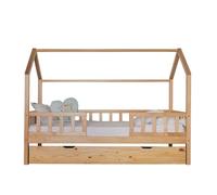 Cama casita con barandilla + cama elevable madera pino 90x190cm