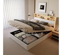 Cama Coffre140x200 con LED y USB, cama doble de 140x200 con almacenamiento hidráulico y cabecero de cama tapizado, marco de cama acolchado con somier y estante abiertos camas para 2 personas