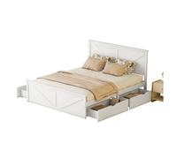 Cama con 4 cajones 160x200cm - estructura de madera maciza y cabecero con somier de láminas de madera natural estilo industrial - blanco
