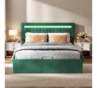 Cama con baúl de 140 x 200 LED, camas hidráulicas con almacenamiento oculto en cabecera de camas capitonada, cama de 2 personas con lamas de madera, para adultos y adolescentes, terciopelo, verde
