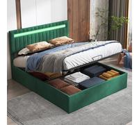 Cama con baúl de 160 x 200 LED, camas hidráulicas con almacenamiento oculto en cabecera de camas capitonada, cama de 2 personas con lamas de madera, para adultos y adolescentes, terciopelo, verde