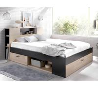 Cama con cabecero con compartimentos y cajones - 140 x 190 cm - Color: natural y antracita + Somier - LEANDRE
