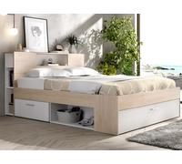 Cama con cabecero con compartimentos y cajones - 140 x 190 cm - Color: natural y blanco + Somier + colchón - LEANDRE