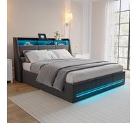Cama con Cajón 160 x 200 cm con LED y USB, Estructura de Cama Capitonada 160x200 con Almacenamiento Hidráulico y Sommier, Cabecero Acolchado con Espacio de Almacenamiento Cama de 2 Plazas (Gris-5