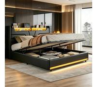Cama con Cajón 160x200 cm con LED y USB, Cama Matrimonial Acolchada 160x200 cm con Almacenamiento Hidráulico, Estructura de Cama Capitonada con Estantería Abierta y Sommier Cama Funcional, PU (Negro-1
