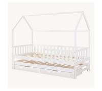 [en.casa] Cama Nido Aarghonmaa con Colchón 90x200 cm En Forma de Casita Cama Supletoria Somier con 4 Ruedas y 2 Cajones Protección contra Caídas máx. 120 kg Madera de Pino - Blanco