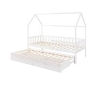 [en.casa] Cama Nido Aarghonmaa En Forma de Casita Cama Supletoria Somier 90x190 cm con 4 Ruedas y 2 Cajones Protección contra Caídas máx. 120 kg Madera de Pino 90 x 200 cm - Blanco