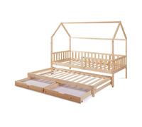 [en.casa] Cama Nido Aarghonmaa En Forma de Casita Cama Supletoria Somier 90x190 cm con 4 Ruedas y 2 Cajones Protección contra Caídas máx. 120 kg Madera de Pino 90 x 200 cm - Natural