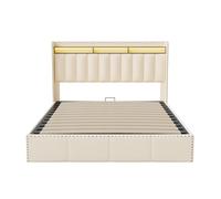 Cama con canapé 140×200 cm, tapizada en terciopelo beige, canapé con canapé, base de cama