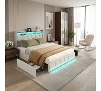 Cama con espacio de almacenamiento hidráulico 180x200,Cama tapizada con LED,cama acolchada con cajón,cama doble con LED y 4 cajoneras,Camas matrimoniales maletero con cabecero y somier (beige+lino)