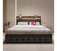 Cama con Maletero 160x200, Cama Hidráulica con Cabecero Función de Carga USB CAME de Matrimonio con led y cargador CAME Matrimonio Tapizada con Somier de Láminas,sin Colchón (negro PU B, 160x200cm)