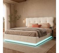 Cama con Maletero de 140x200,Cama Acolchada LED Almacenamiento hidráulico con baúl de Cama Doble tapizada con Almacenamiento Camas matrimoniales con cabecera y somier de láminas (Beige+Velours)