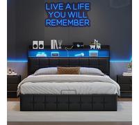 Cama con Maletero de 160 x 200 cm,Cama Acolchado LED hidráulico con Puerto USB,Camas baúl Doble Tapizada con Almacenamiento para 2 Personas,Camas matrimoniales Funcional Juvenil (Negro+PU-1, 160x200)