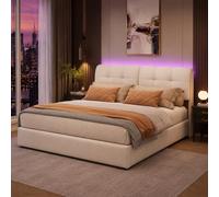 Cama con Maletero de 160x200 cm con LED, Cama Acolchada LED hidráulica con baúl de Cama Doble tapizada con Almacenamiento hidráulico con cabecera de Cama y somier de láminas (Blanco Roto+Franela)