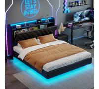 Cama con maletero140 x 200 cm con LED, Cama Acolchada LED hidráulica con baúl de Cama para 2 Personas con función de Carga de Cama Doble con Almacenamiento (Negro+PU, 14 x 200)