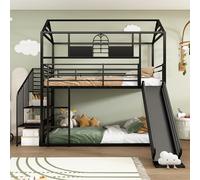 Cama con marco de hierro, litera, cama infantil con techo y ventana, con tobogán y escalera lateral, adecuada para niños y jóvenes, con escalera lateral, rejilla anticaídas, 90 x 200 cm (negro, 245 x