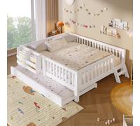 Cama con plataforma de madera de 140 x 200 cm con barandilla protectora y una cama de día, color blanco