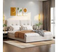 Cama con somier de 140 x 200 cm, cama doble con cabecero LED, cama juvenil con almacenamiento hidráulico, cama tapizada con somier, cama funcional con respaldo, beige, terciopelo sin colchón