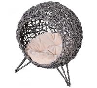 Pawhut Cama Cueva de Ratán para Gatos o Mascotas Pequeña con Base Trípode Cojín de Felpa y Algodón Suave Diseño Elevado Estable Φ52 x 58 cm Gris