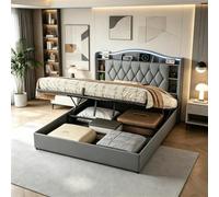 Cama de 140 x 190 cm con LED y Puerto USB, Canape 140x190 con Almacenamiento Hidráulico y Estantes Abiertos, Cama Tapizada Doble 140x190cm con Somier de Láminas Cama Matrimonio 140x190 para Adultos