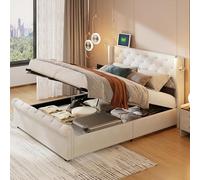 Cama de 140 x 190 cm con somier, cama doble tapizada con lámpara de lectura y USB, espacio de almacenamiento, marco de cama para 2 personas para adultos y adolescentes, terciopelo, sin colchones